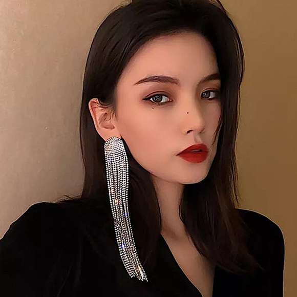 White Gold Plated Oversized Rhinestone Tassel Drop Earrings - Picture 2 of 4